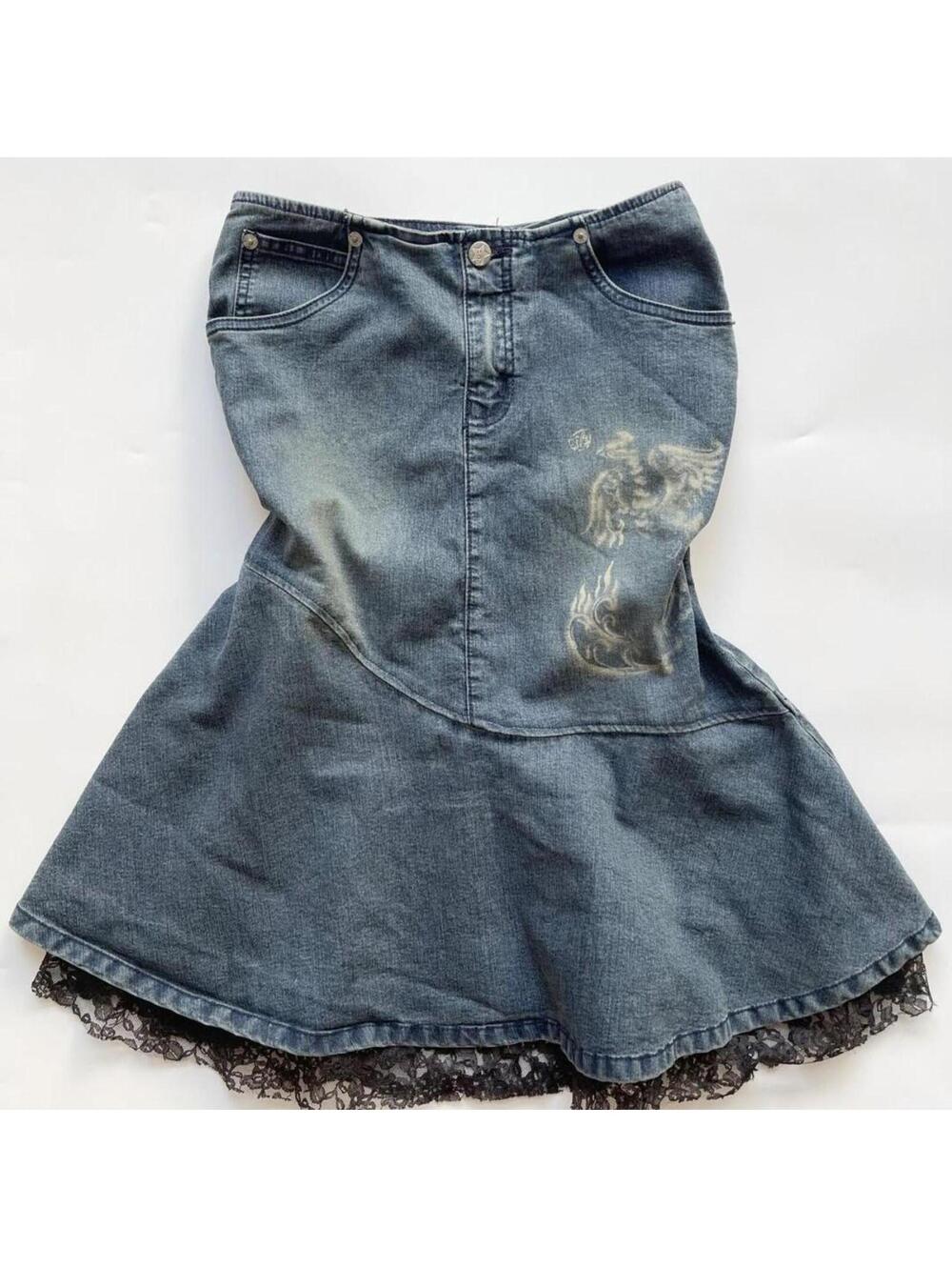 Y2K Denim Midi Skirt Black Lace Trim Hem